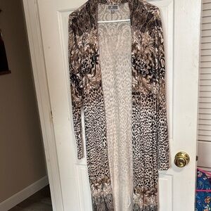 JM Collection Leopard & Baroque Print Open Front Cardigan - Beige, Brown, Black